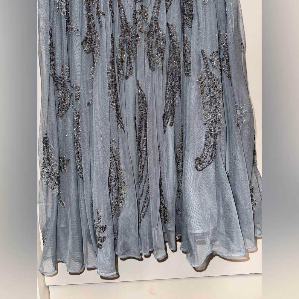 NWT |Mac Duggal A5434 Silver Short Sleeve Beaded A-line Tea Length Dress Size 10 - Picture 16 of 16